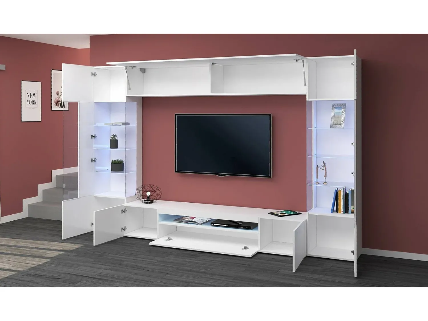 Móvel De Tv|Dmora Sistema de parede Dberard, conjunto de sala de TV com 6 portas, móveis de sala multiuso com luz LED, 100% Made in Italy, 290x40h191 cm, brilhante Branco