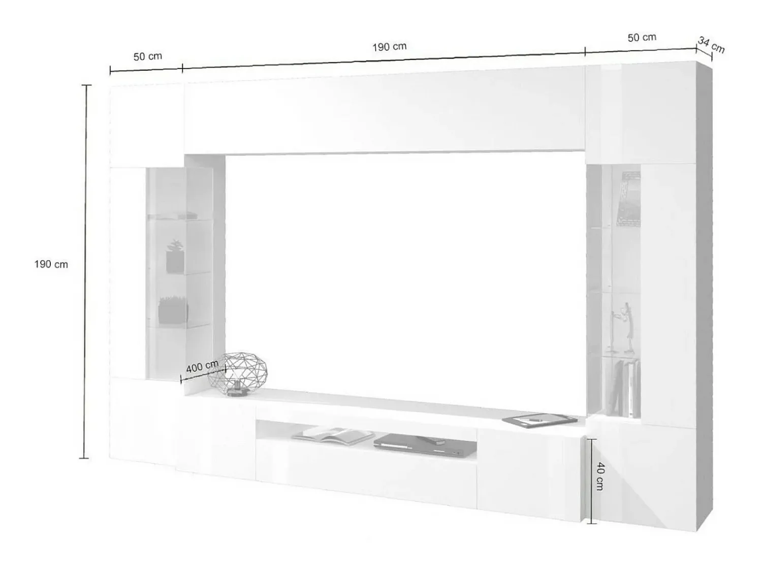 Móvel De Tv|Dmora Sistema de parede Dberard, conjunto de sala de TV com 6 portas, móveis de sala multiuso com luz LED, 100% Made in Italy, 290x40h191 cm, brilhante Branco