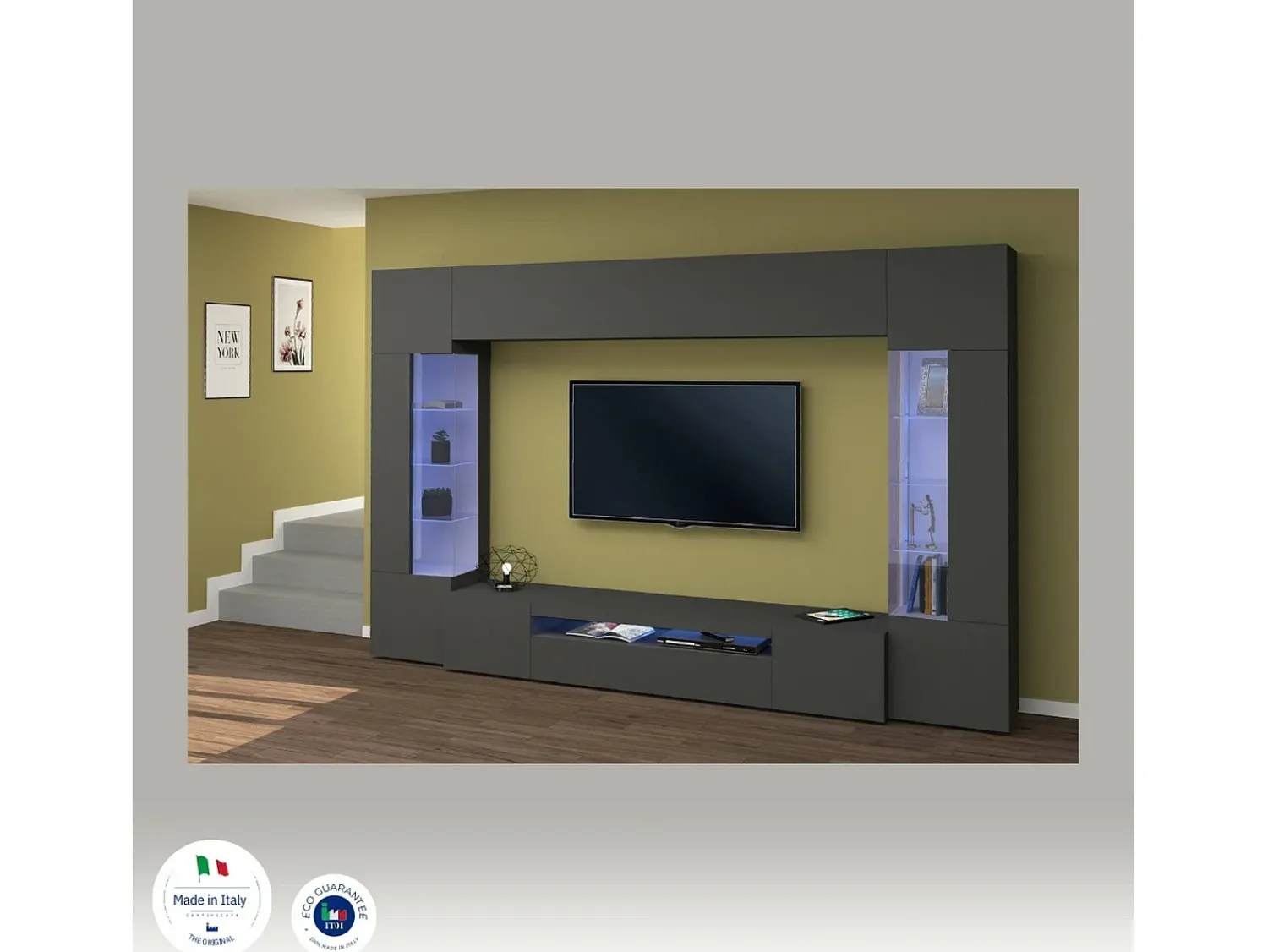 Dmora Sistema de parede Dberard, conjunto de sala de TV com 6 portas, móveis de sala multiuso com luz LED, 100% Fabricado na Itália, 290x40h191 cm, Antracite^ Móvel De Tv