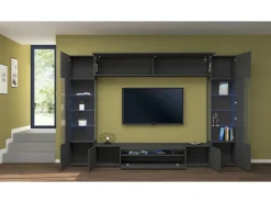 Dmora Sistema de parede Dberard, conjunto de sala de TV com 6 portas, móveis de sala multiuso com luz LED, 100% Fabricado na Itália, 290x40h191 cm, Antracite^ Móvel De Tv