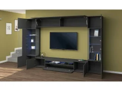 Dmora Sistema de parede Dberard, conjunto de sala de TV com 6 portas, móveis de sala multiuso com luz LED, 100% Fabricado na Itália, 290x40h191 cm, Antracite^ Móvel De Tv