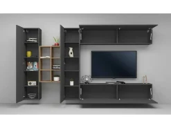 Móvel De Tv*Dmora Sistema de parede Dcaldar, conjunto de sala de TV com 4 portas, móveis de sala multiuso, 100% Made in Italy, 280x30h180 cm, Antracite e Maple Preto