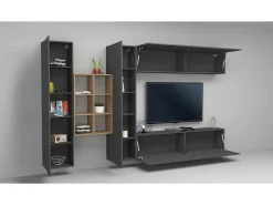 Móvel De Tv*Dmora Sistema de parede Dcaldar, conjunto de sala de TV com 4 portas, móveis de sala multiuso, 100% Made in Italy, 280x30h180 cm, Antracite e Maple Preto