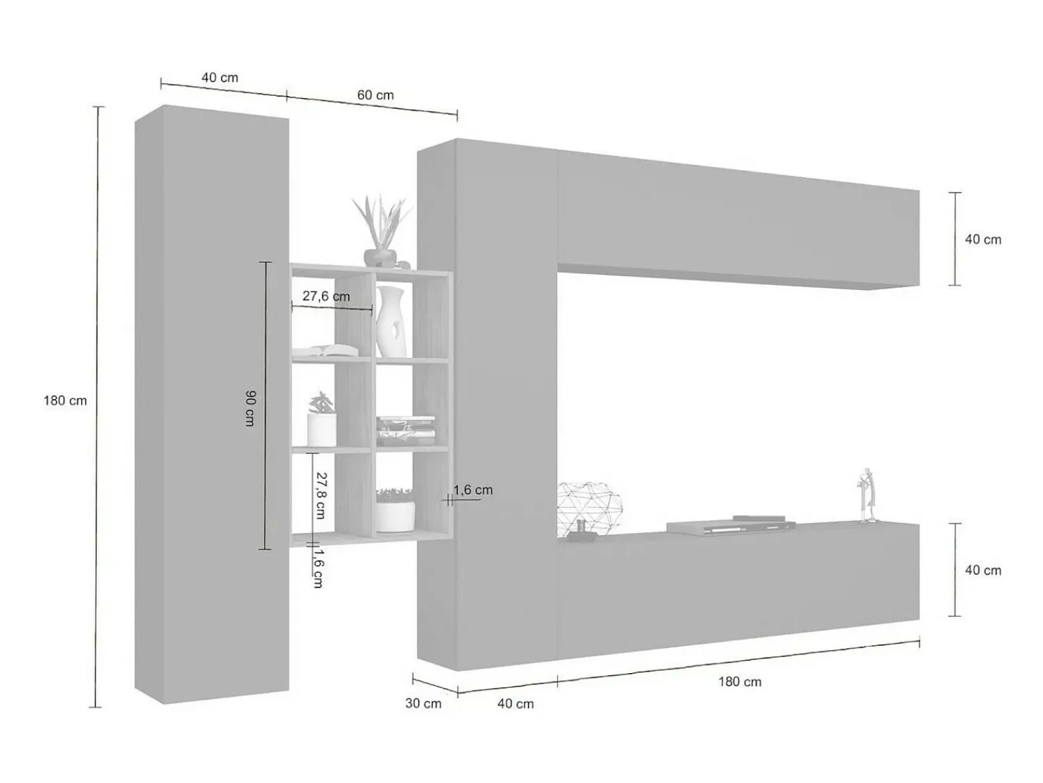 Móvel De Tv*Dmora Sistema de parede Dcaldar, conjunto de sala de TV com 4 portas, móveis de sala multiuso, 100% Made in Italy, 280x30h180 cm, Antracite e Maple Preto