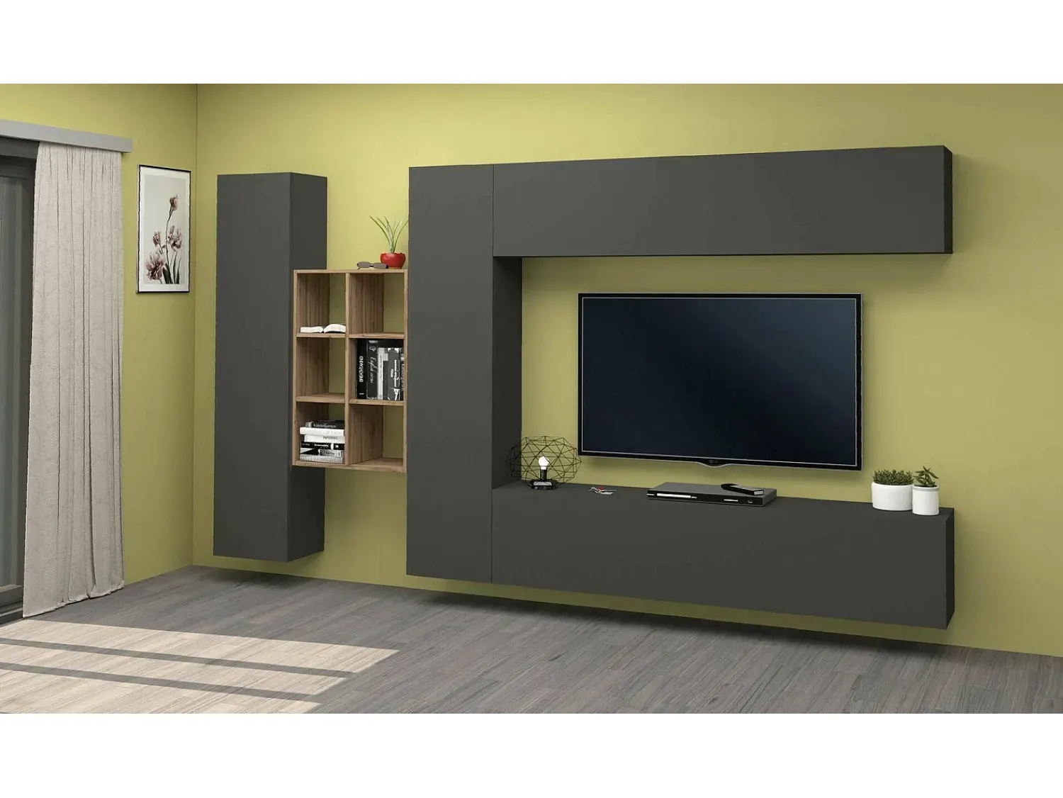 Móvel De Tv*Dmora Sistema de parede Dcaldar, conjunto de sala de TV com 4 portas, móveis de sala multiuso, 100% Made in Italy, 280x30h180 cm, Antracite e Maple Preto