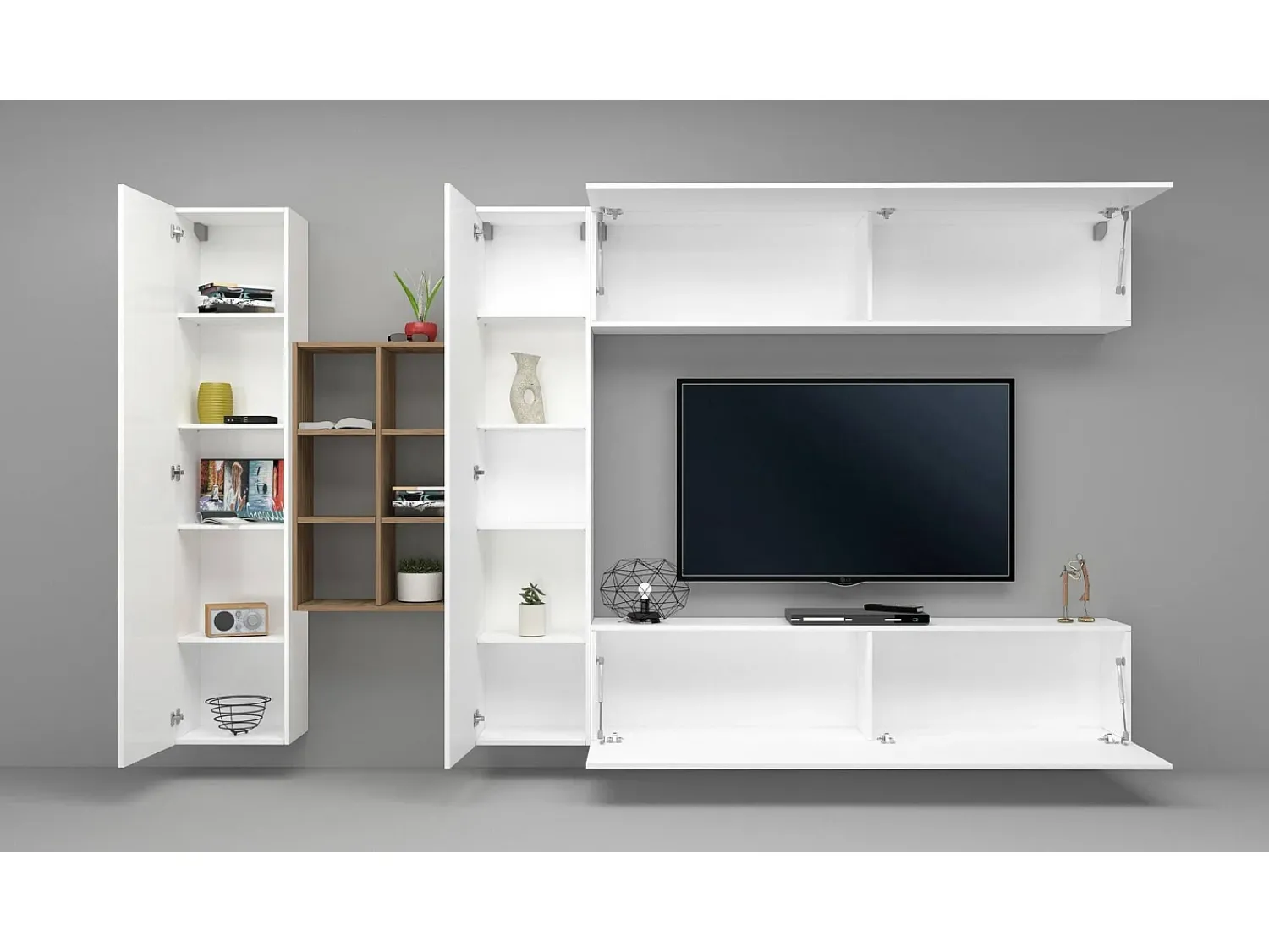 Móvel De Tv*Dmora Sistema de parede Dcaldar, conjunto de sala de TV com 4 portas, móveis de sala multiuso, 100% Fabricado na Itália, 280x30h180 cm, brilhante e bordo Branco