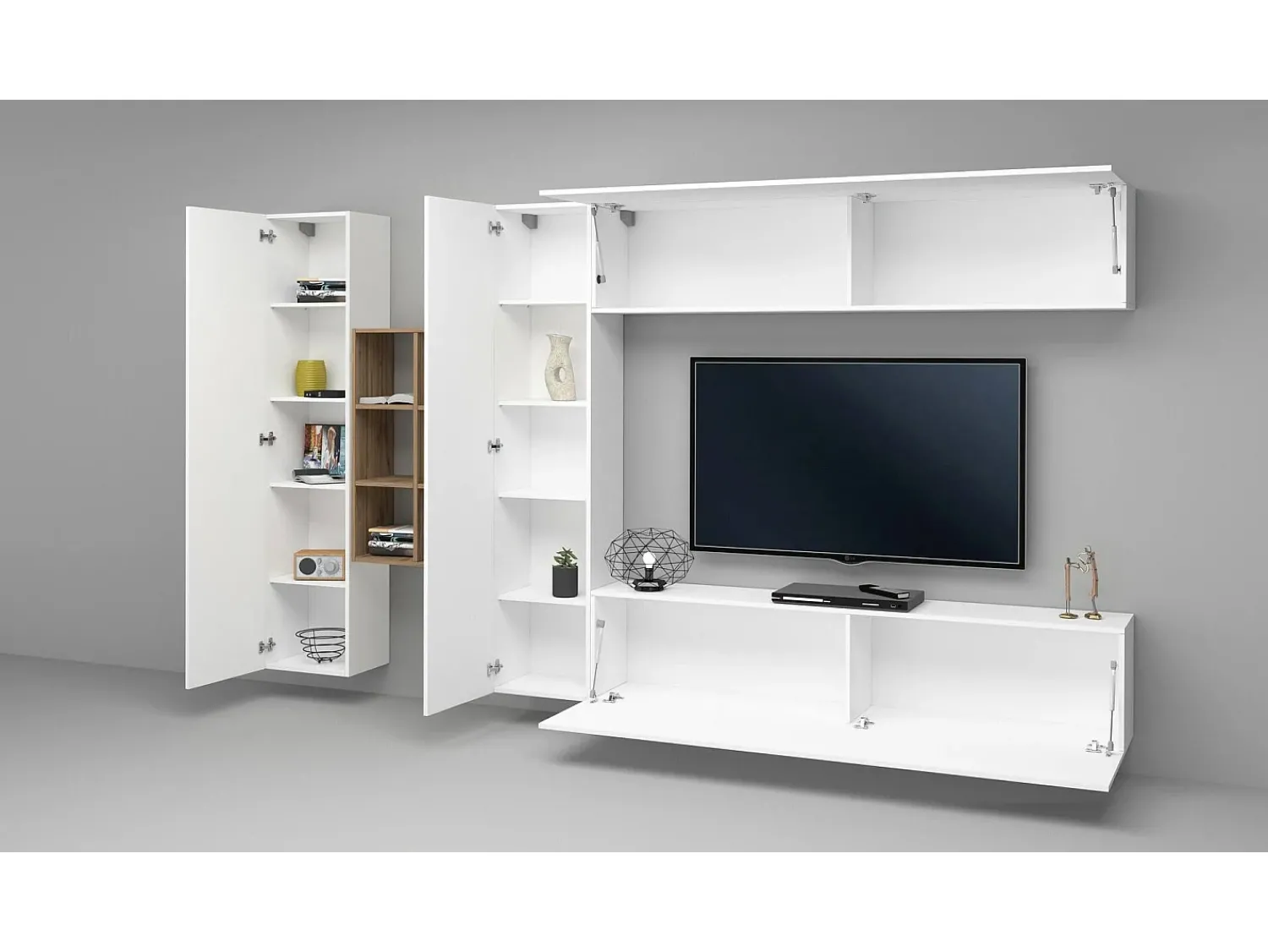 Móvel De Tv*Dmora Sistema de parede Dcaldar, conjunto de sala de TV com 4 portas, móveis de sala multiuso, 100% Fabricado na Itália, 280x30h180 cm, brilhante e bordo Branco