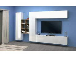 Móvel De Tv*Dmora Sistema de parede Dcaldar, conjunto de sala de TV com 4 portas, móveis de sala multiuso, 100% Fabricado na Itália, 280x30h180 cm, brilhante e bordo Branco