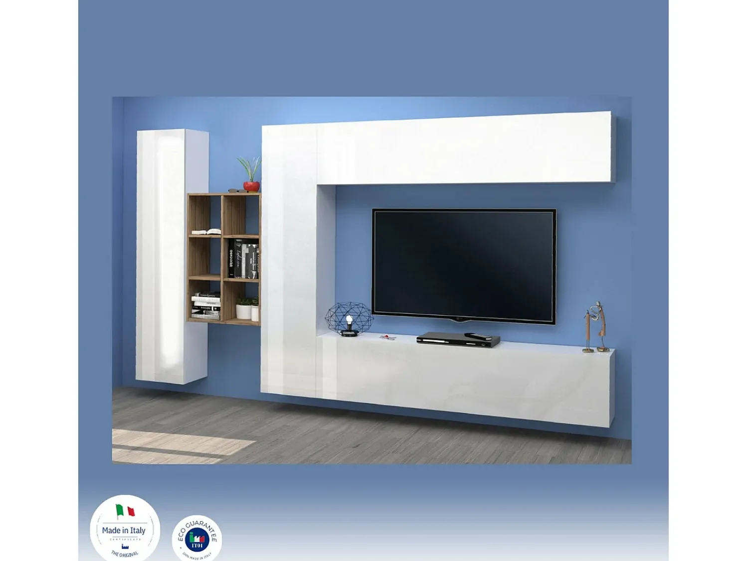 Móvel De Tv*Dmora Sistema de parede Dcaldar, conjunto de sala de TV com 4 portas, móveis de sala multiuso, 100% Fabricado na Itália, 280x30h180 cm, brilhante e bordo Branco