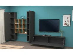 Dmora Sistema de parede Dcarbon, conjunto de sala de TV com 3 portas, móveis de sala multiuso, 100% Made in Italy, 270x30h180 cm, Antracite e Maple Preto