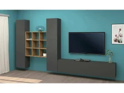 Dmora Sistema de parede Dcarbon, conjunto de sala de TV com 3 portas, móveis de sala multiuso, 100% Made in Italy, 270x30h180 cm, Antracite e Maple Preto