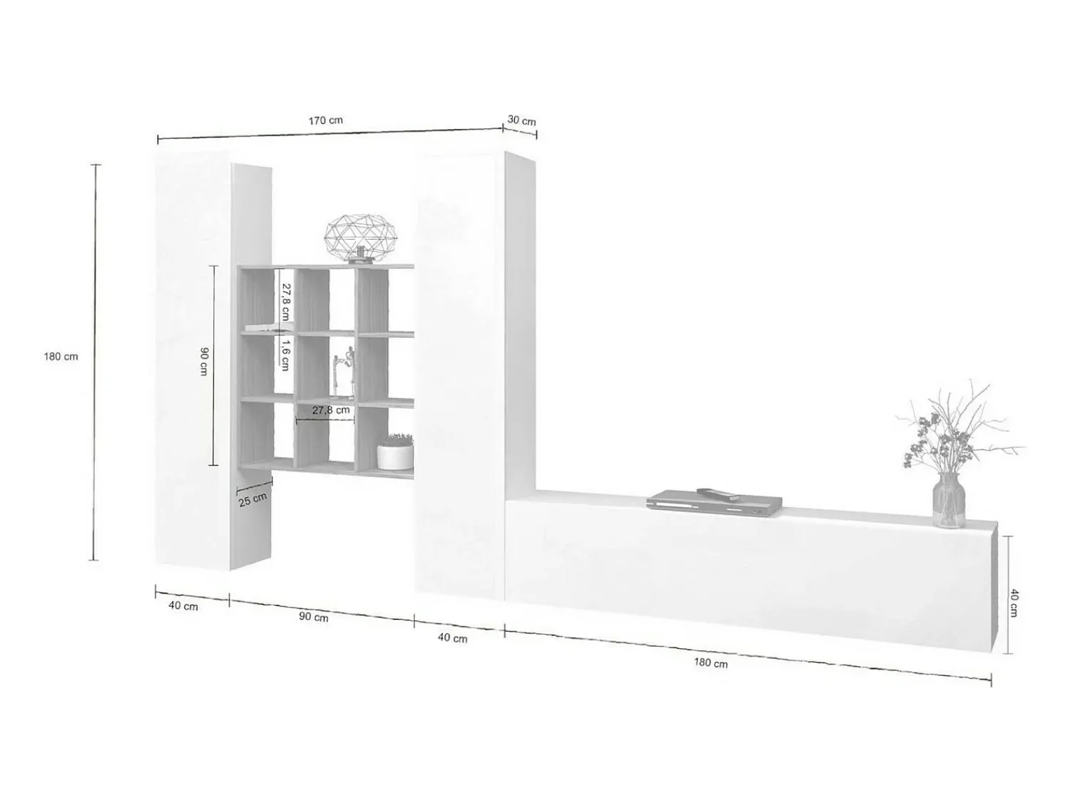 Dmora Sistema de parede Dcarbon, conjunto de sala de TV com 3 portas, móveis de sala multiuso, 100% fabricado na Itália, 270x30h180 cm, brilhante e bordo Branco
