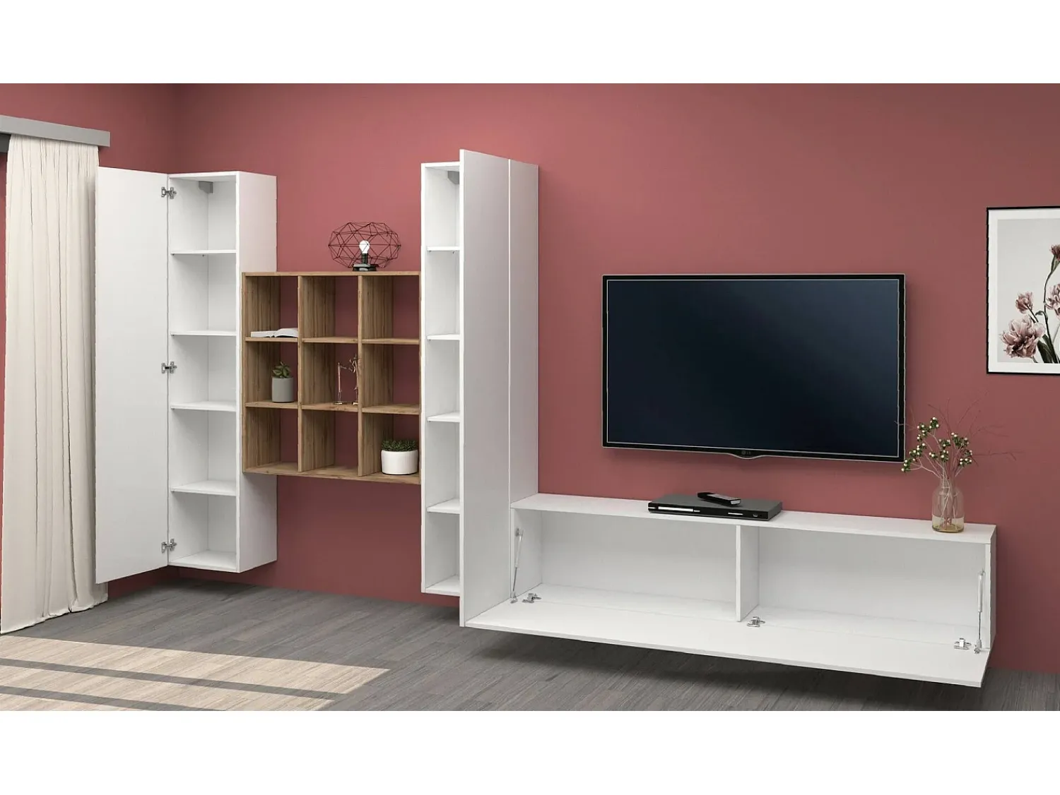 Dmora Sistema de parede Dcarbon, conjunto de sala de TV com 3 portas, móveis de sala multiuso, 100% fabricado na Itália, 270x30h180 cm, brilhante e bordo Branco