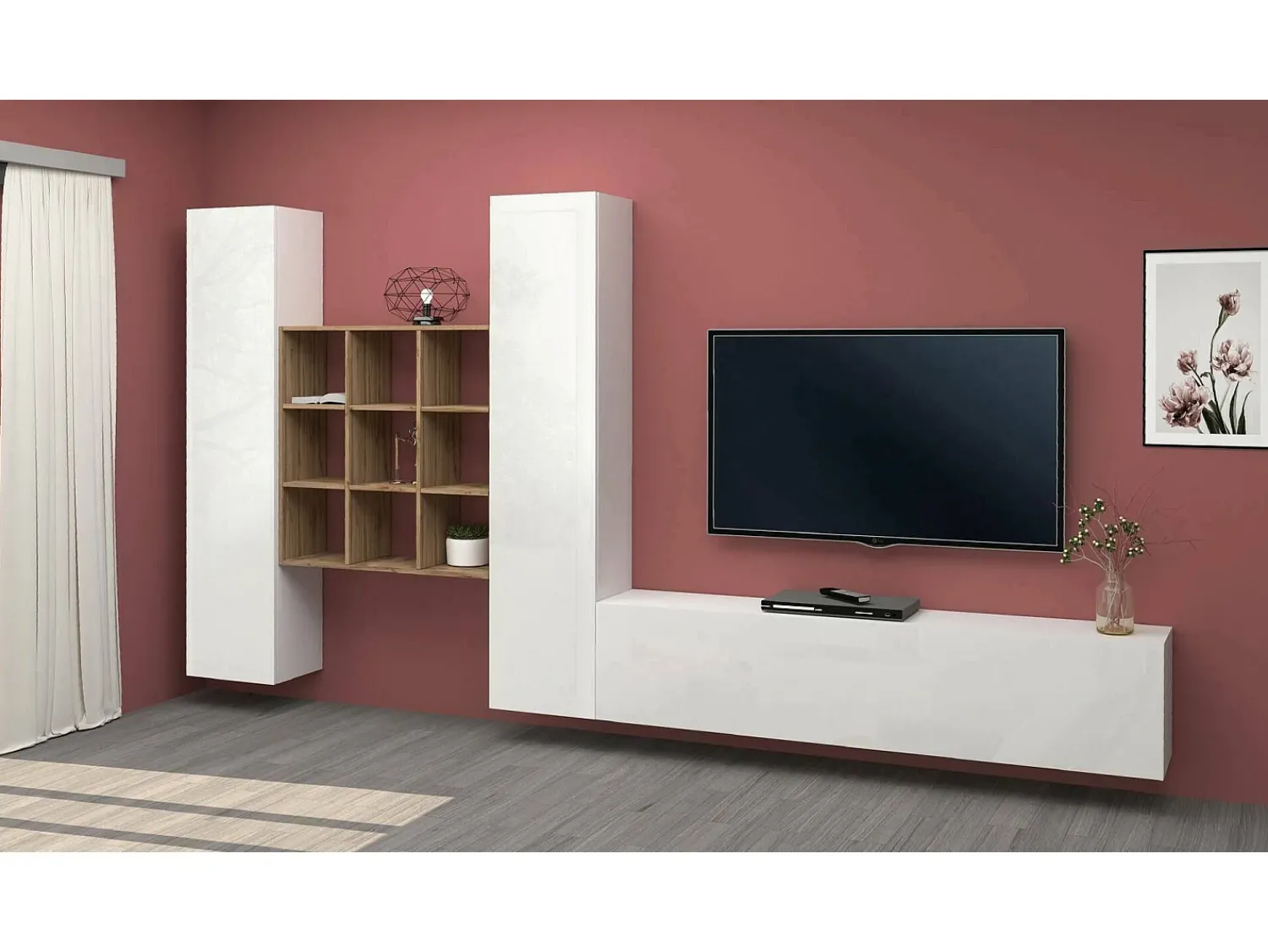 Dmora Sistema de parede Dcarbon, conjunto de sala de TV com 3 portas, móveis de sala multiuso, 100% fabricado na Itália, 270x30h180 cm, brilhante e bordo Branco