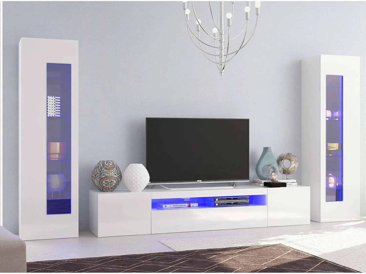 Hot Dmora Sistema de parede Dcontin, conjunto de sala de TV, móveis de sala multiuso com luz LED, 100% Fabricado na Itália, 290x40h162 cm, brilhante Branco