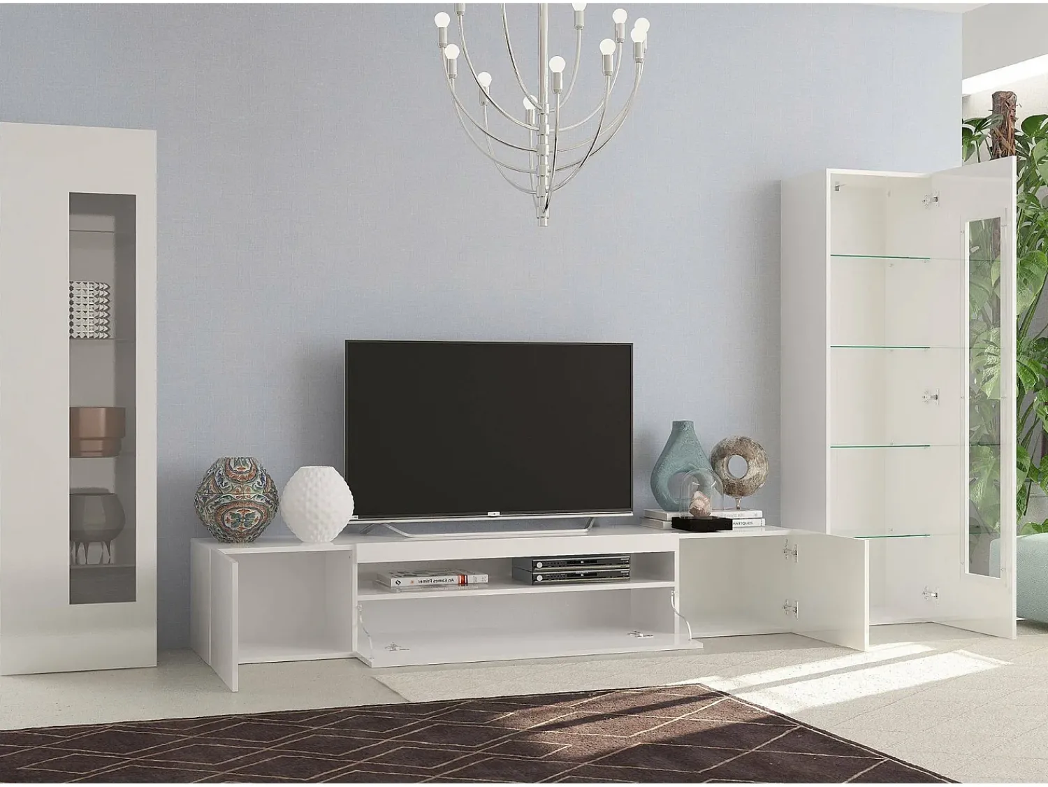 Hot Dmora Sistema de parede Dcontin, conjunto de sala de TV, móveis de sala multiuso com luz LED, 100% Fabricado na Itália, 290x40h162 cm, brilhante Branco