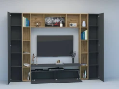 Móvel De Tv|Dmora Sistema de parede Ddragon, conjunto de sala de TV com 3 portas, móveis de sala multiuso, 100% Fabricado na Itália, 270x35h210 cm, Antracite e Carvalho Preto