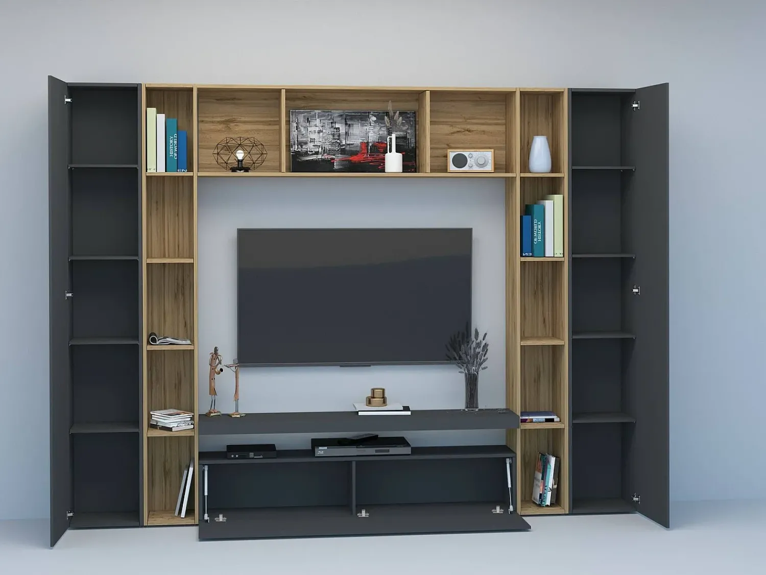 Móvel De Tv|Dmora Sistema de parede Ddragon, conjunto de sala de TV com 3 portas, móveis de sala multiuso, 100% Fabricado na Itália, 270x35h210 cm, Antracite e Carvalho Preto