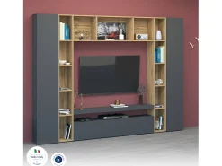 Móvel De Tv|Dmora Sistema de parede Ddragon, conjunto de sala de TV com 3 portas, móveis de sala multiuso, 100% Fabricado na Itália, 270x35h210 cm, Antracite e Carvalho Preto