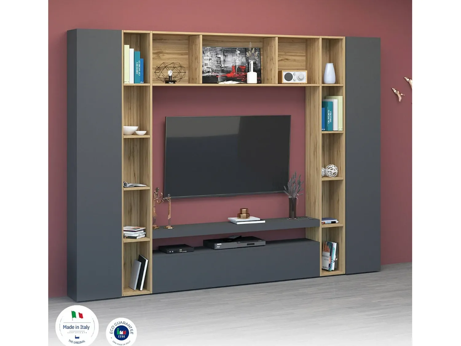 Móvel De Tv|Dmora Sistema de parede Ddragon, conjunto de sala de TV com 3 portas, móveis de sala multiuso, 100% Fabricado na Itália, 270x35h210 cm, Antracite e Carvalho Preto