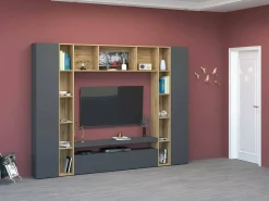 Móvel De Tv|Dmora Sistema de parede Ddragon, conjunto de sala de TV com 3 portas, móveis de sala multiuso, 100% Fabricado na Itália, 270x35h210 cm, Antracite e Carvalho Preto
