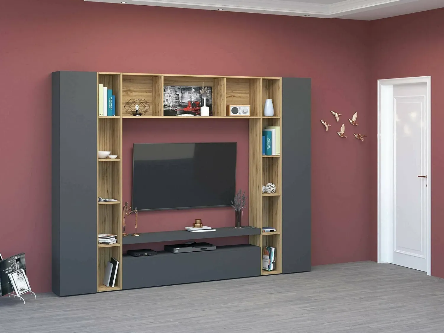 Móvel De Tv|Dmora Sistema de parede Ddragon, conjunto de sala de TV com 3 portas, móveis de sala multiuso, 100% Fabricado na Itália, 270x35h210 cm, Antracite e Carvalho Preto