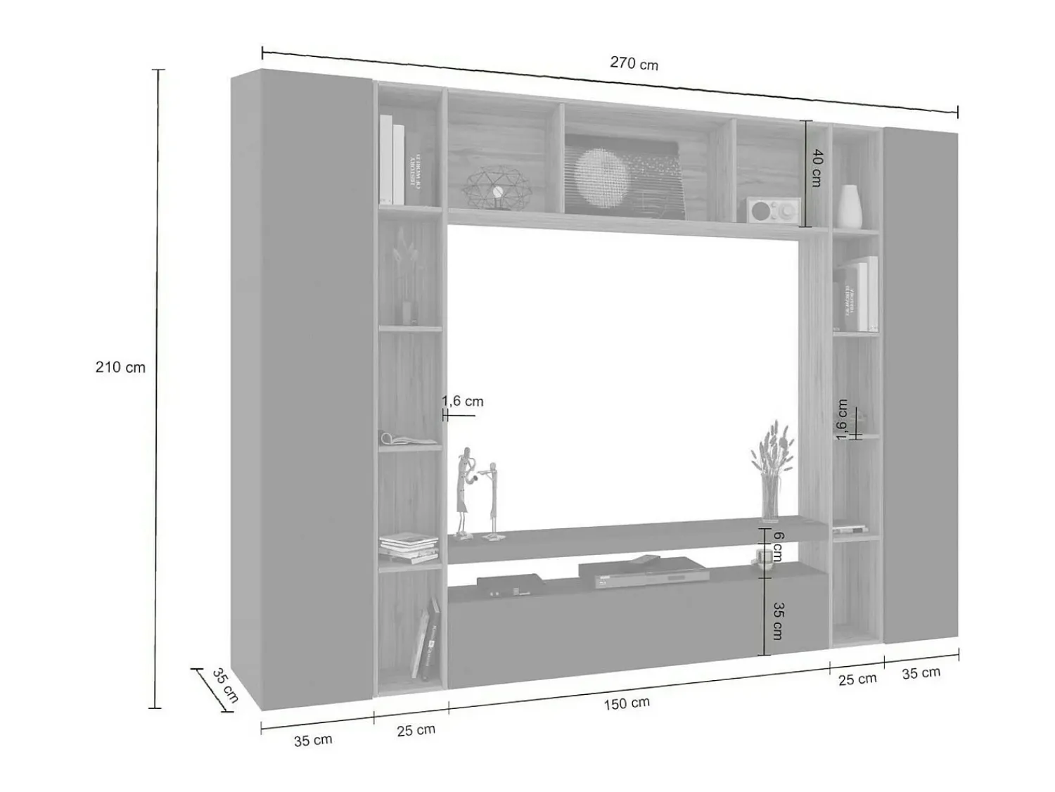 Móvel De Tv|Dmora Sistema de parede Ddragon, conjunto de sala de TV com 3 portas, móveis de sala multiuso, 100% Fabricado na Itália, 270x35h210 cm, Antracite e Carvalho Preto