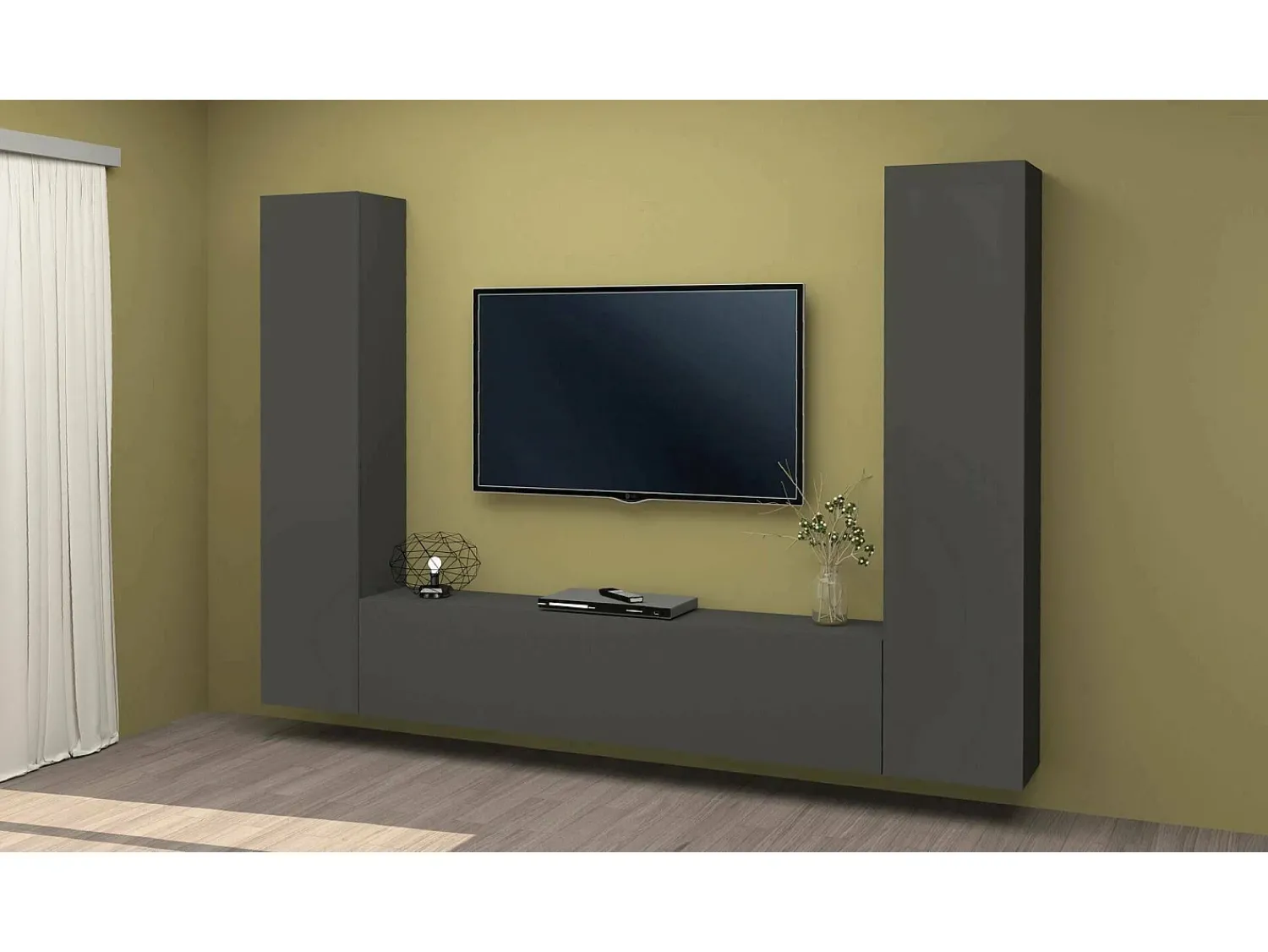 Móvel De Tv*Dmora Sistema de parede Ddurmis, conjunto de sala de TV com 3 portas, móveis de sala multiuso, 100% Fabricado na Itália, 260x30h180 cm, Antracite Preto