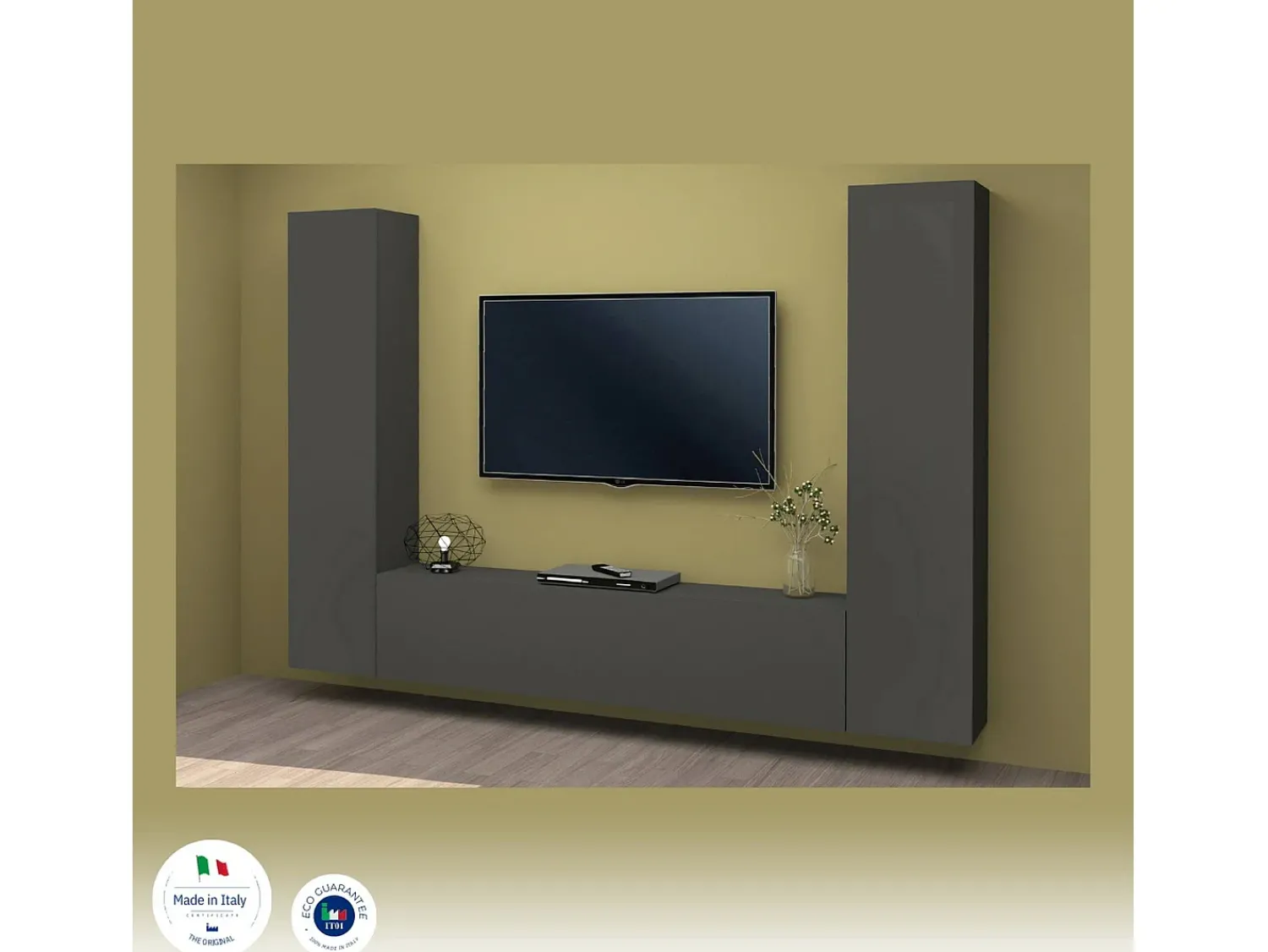 Móvel De Tv*Dmora Sistema de parede Ddurmis, conjunto de sala de TV com 3 portas, móveis de sala multiuso, 100% Fabricado na Itália, 260x30h180 cm, Antracite Preto