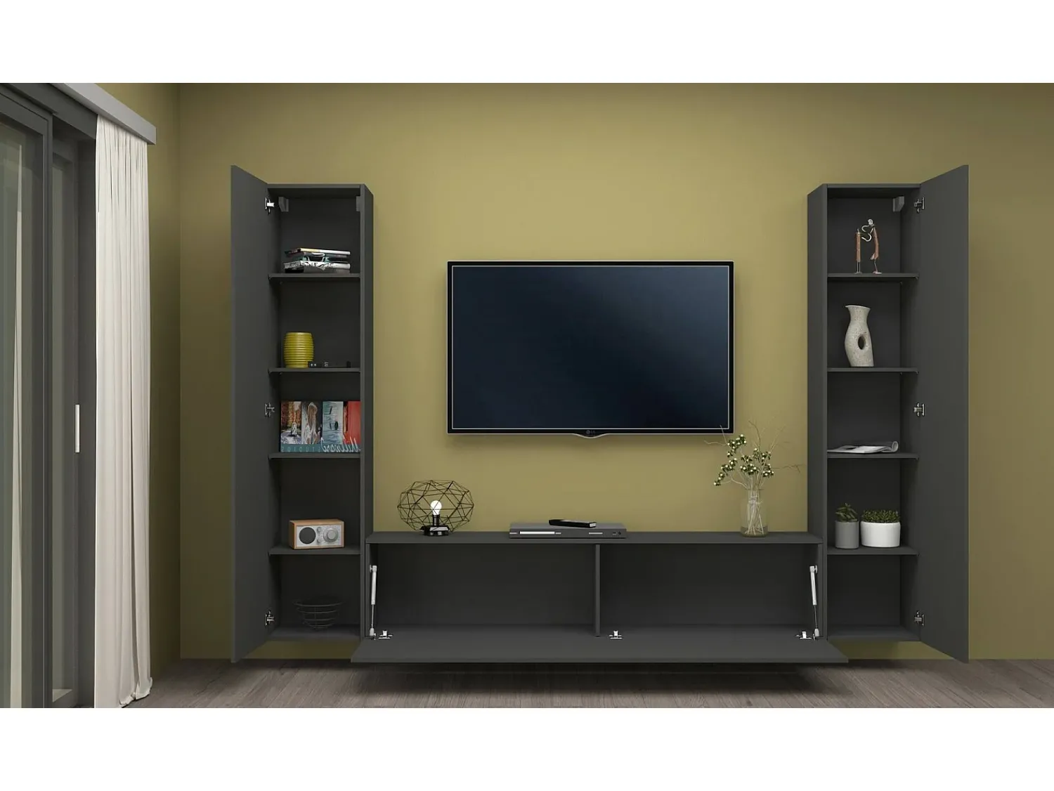 Móvel De Tv*Dmora Sistema de parede Ddurmis, conjunto de sala de TV com 3 portas, móveis de sala multiuso, 100% Fabricado na Itália, 260x30h180 cm, Antracite Preto