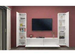 Sale Dmora Sistema de parede Ddurmis, conjunto de sala de TV com 3 portas, móveis de sala multiuso, 100% fabricado na Itália, 260x30h180 cm, brilhante Branco