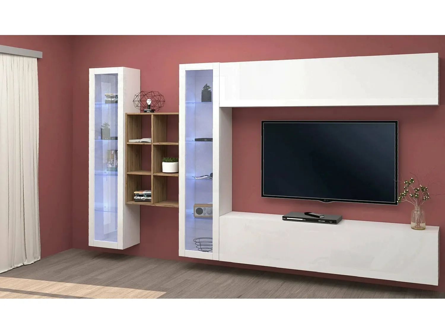 Outlet Dmora Sistema de parede Demetrio, conjunto de sala de TV com 4 portas, móveis de sala multiuso, 100% Fabricado na Itália, 280x30h180 cm, brilhante e bordo Branco