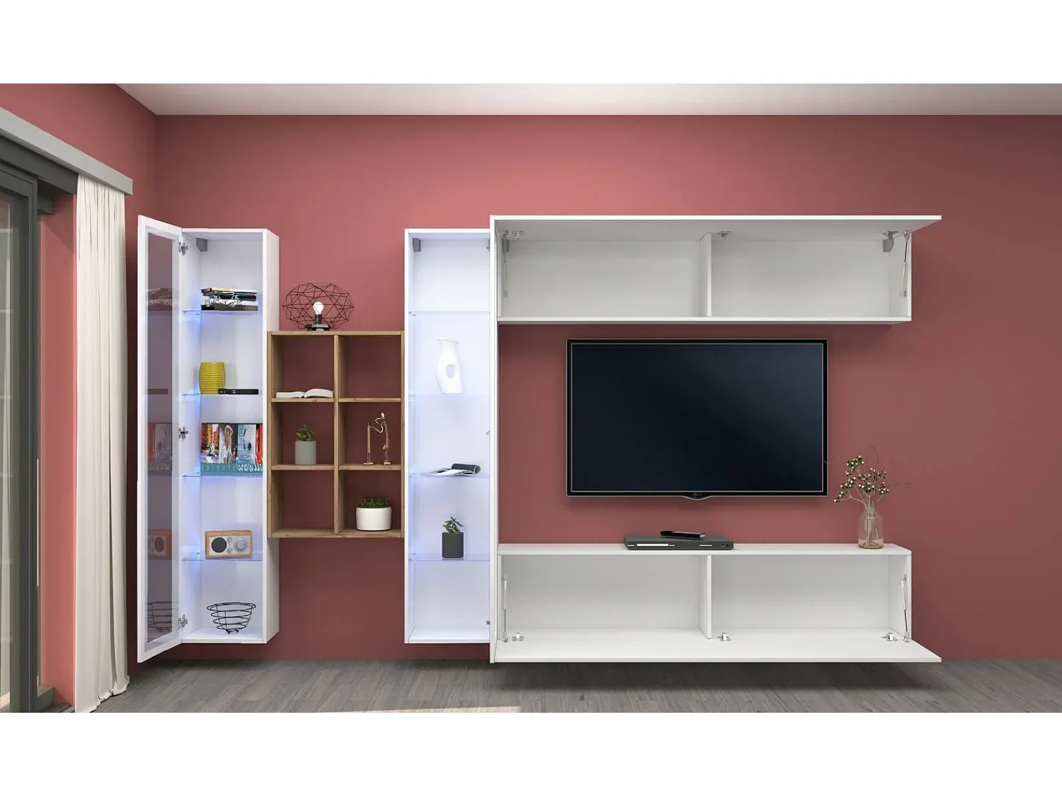Outlet Dmora Sistema de parede Demetrio, conjunto de sala de TV com 4 portas, móveis de sala multiuso, 100% Fabricado na Itália, 280x30h180 cm, brilhante e bordo Branco