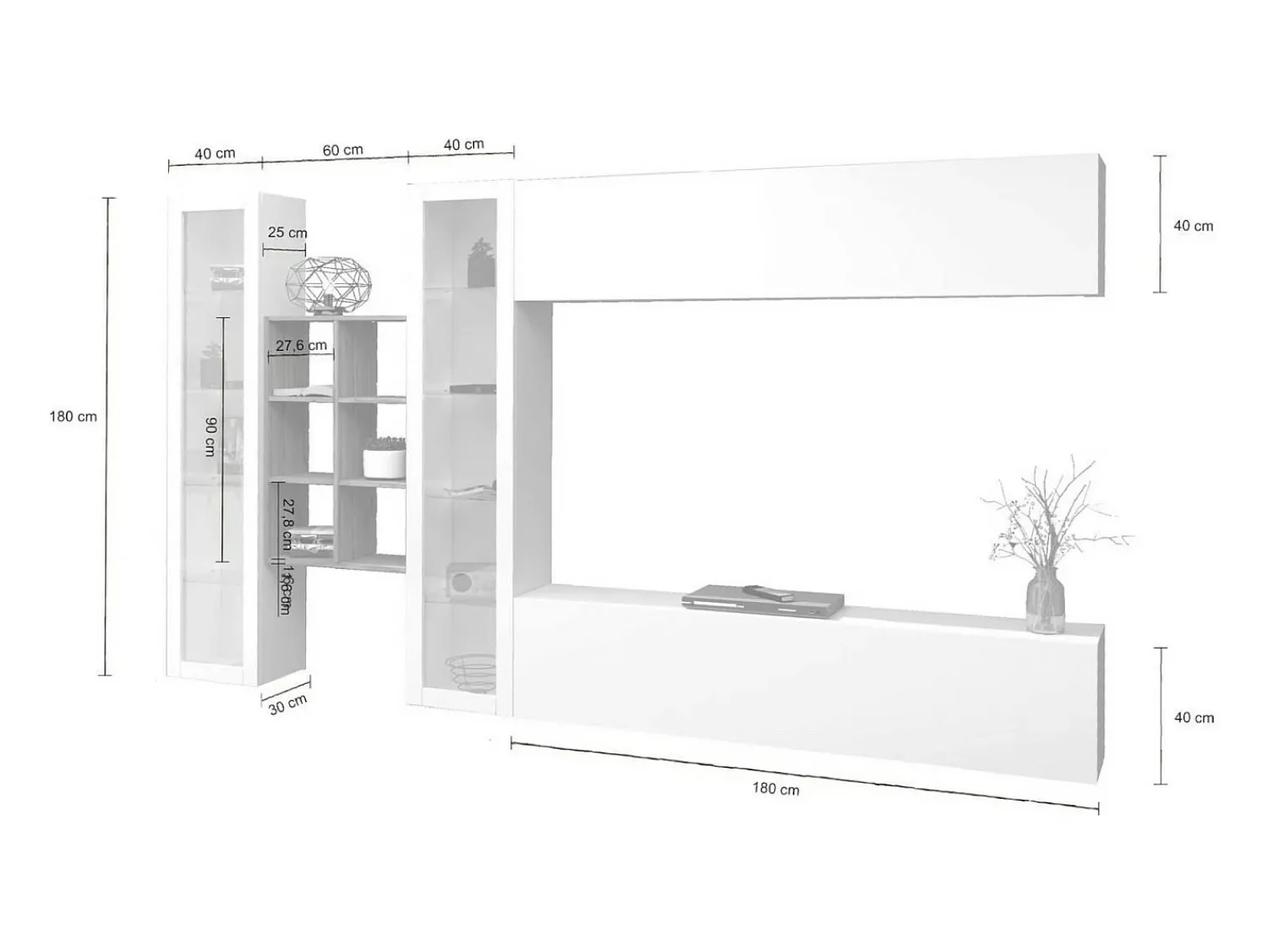 Outlet Dmora Sistema de parede Demetrio, conjunto de sala de TV com 4 portas, móveis de sala multiuso, 100% Fabricado na Itália, 280x30h180 cm, brilhante e bordo Branco