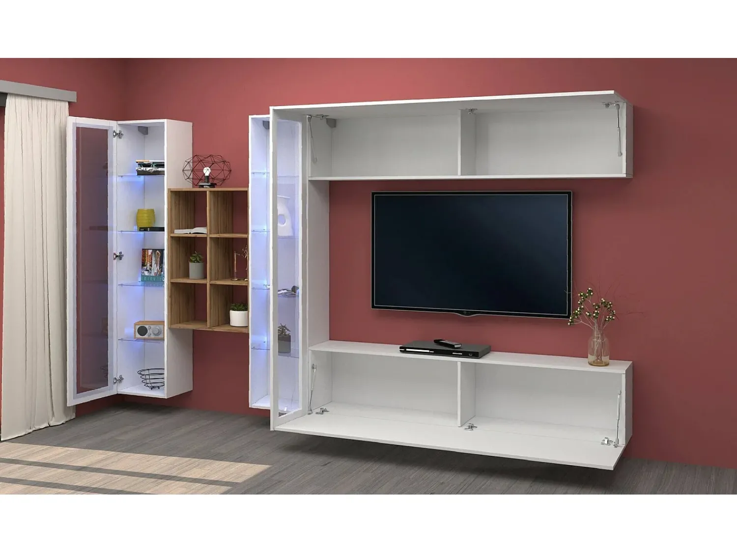 Outlet Dmora Sistema de parede Demetrio, conjunto de sala de TV com 4 portas, móveis de sala multiuso, 100% Fabricado na Itália, 280x30h180 cm, brilhante e bordo Branco