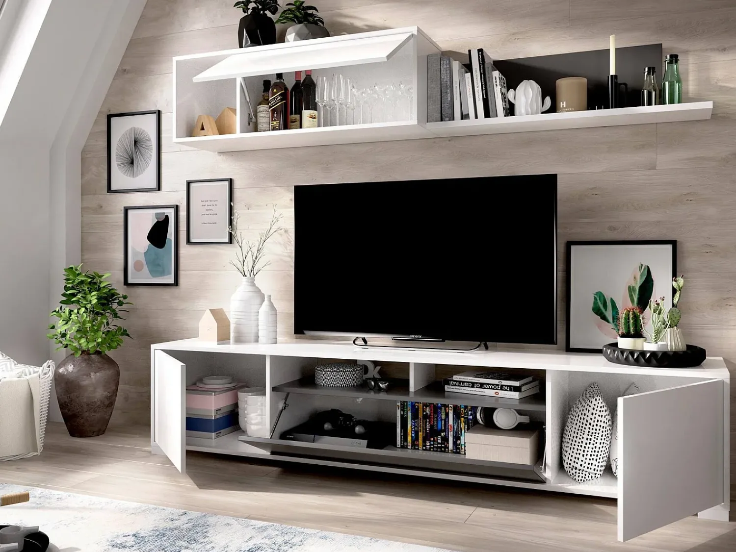 Móvel De Tv|Dmora Sistema de parede Dfalcon, móvel de sala de TV, móveis de sala multiuso, 200x41h180 cm, e Antracite Branco