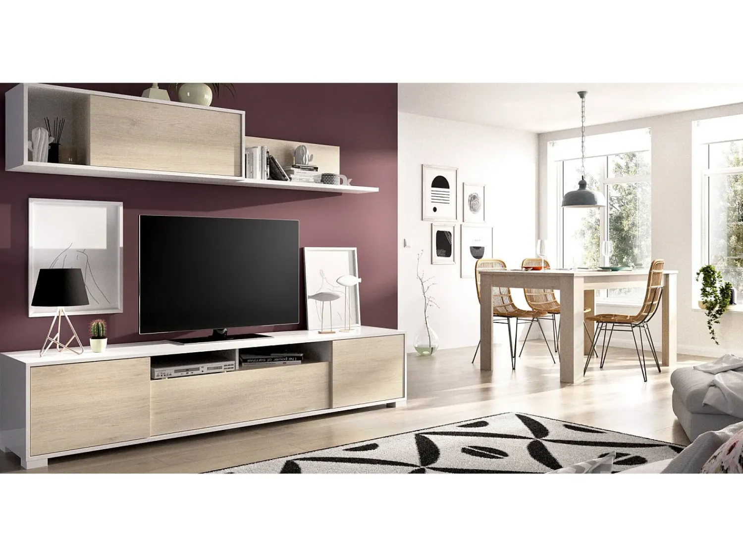 Móvel De Tv*Dmora Sistema de parede Dfalcon, móvel de sala de TV, móveis de sala multiuso, 200x41h180 cm, carvalho e branco Natural claro / Branco