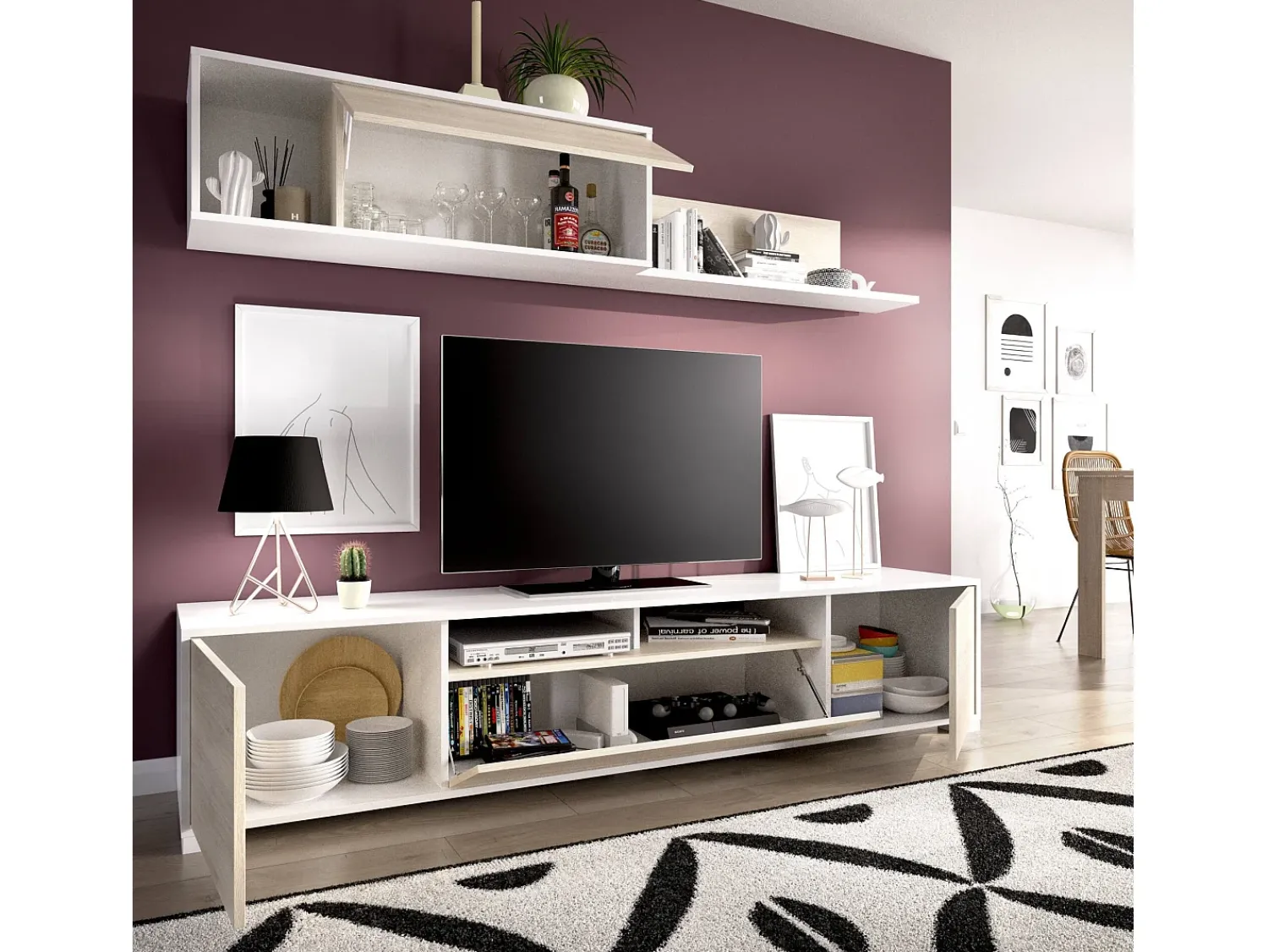 Móvel De Tv*Dmora Sistema de parede Dfalcon, móvel de sala de TV, móveis de sala multiuso, 200x41h180 cm, carvalho e branco Natural claro / Branco
