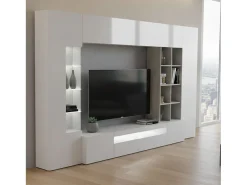 Móvel De Tv|Dmora Sistema de parede Dfazz, conjunto de sala de TV, móveis de sala multiuso, 100% fabricado na Itália, 290x40h192 cm, brilhante e concreto Branco