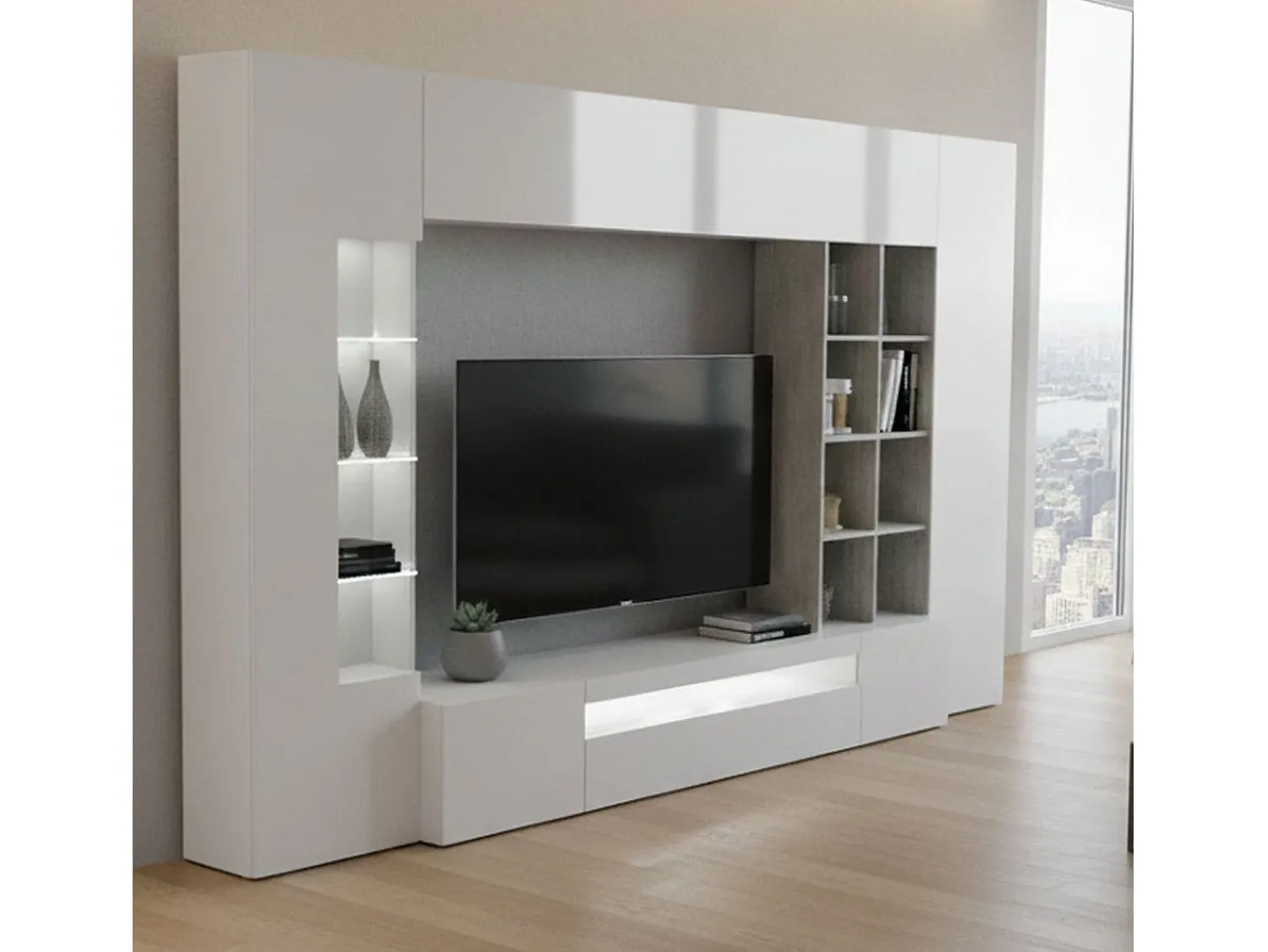 Móvel De Tv|Dmora Sistema de parede Dfazz, conjunto de sala de TV, móveis de sala multiuso, 100% fabricado na Itália, 290x40h192 cm, brilhante e concreto Branco