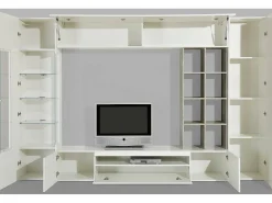 Móvel De Tv|Dmora Sistema de parede Dfazz, conjunto de sala de TV, móveis de sala multiuso, 100% fabricado na Itália, 290x40h192 cm, brilhante e concreto Branco