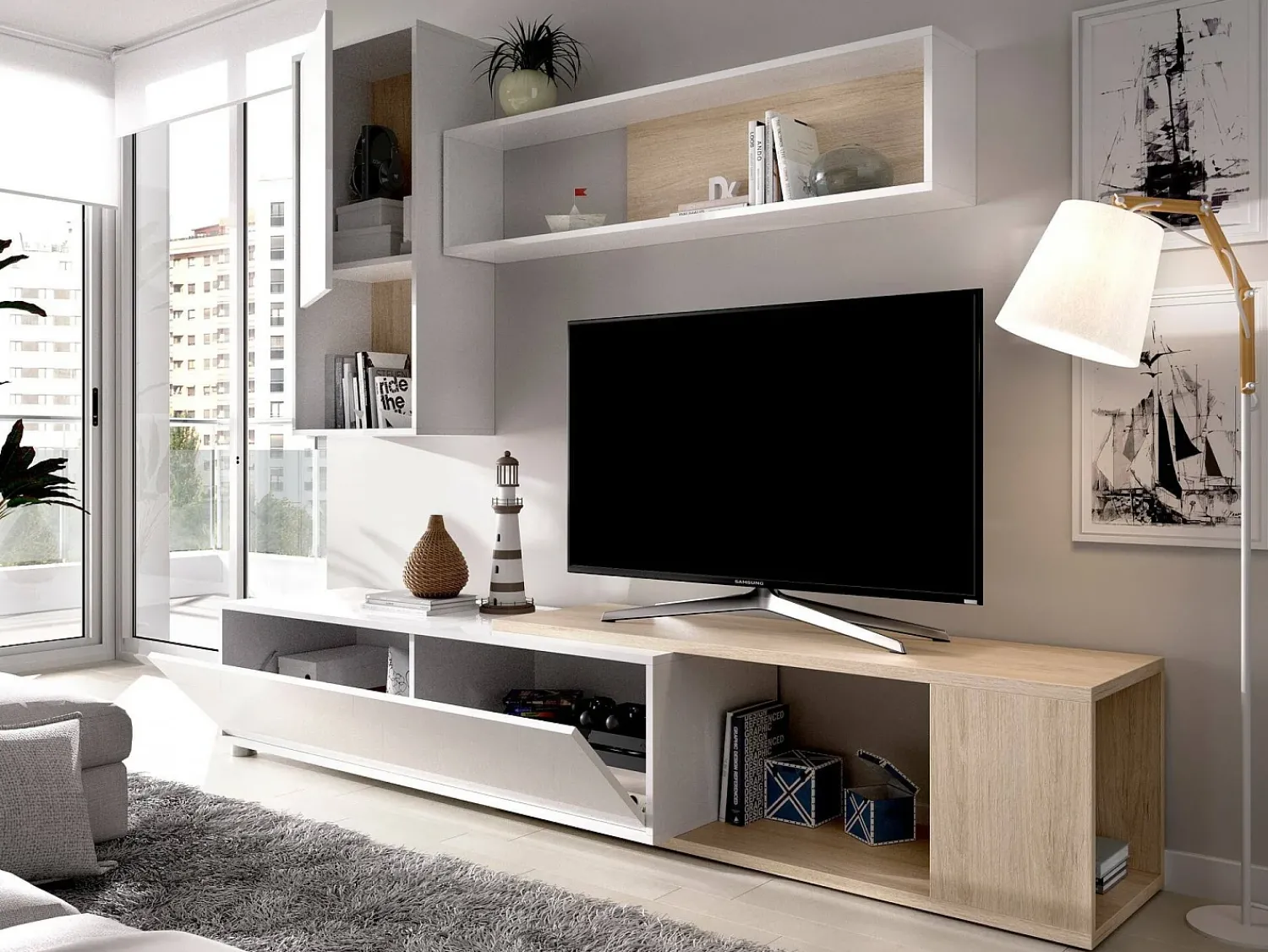 Dmora Sistema de parede Dgam, Conjunto modular de sala de canto, Móveis de sala multiposições, 230x41h180 cm, e Carvalho^ Móvel De Tv