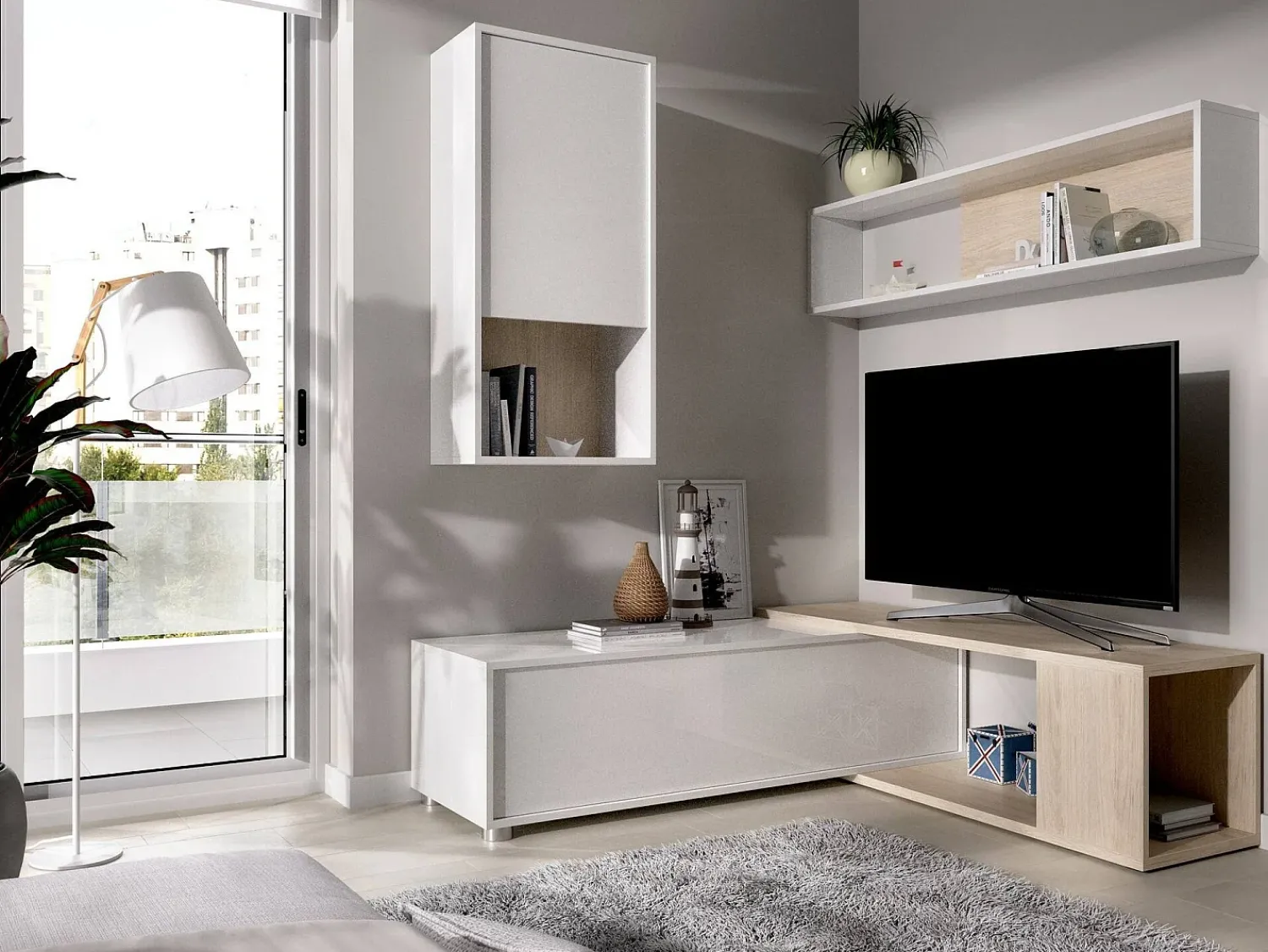 Dmora Sistema de parede Dgam, Conjunto modular de sala de canto, Móveis de sala multiposições, 230x41h180 cm, e Carvalho^ Móvel De Tv