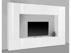 New Dmora Sistema de parede Dgirm, conjunto de sala de TV com 4 portas, móveis de sala multiuso, 100% fabricado na Itália, 260x30h180 cm, branco brilhante Marfim