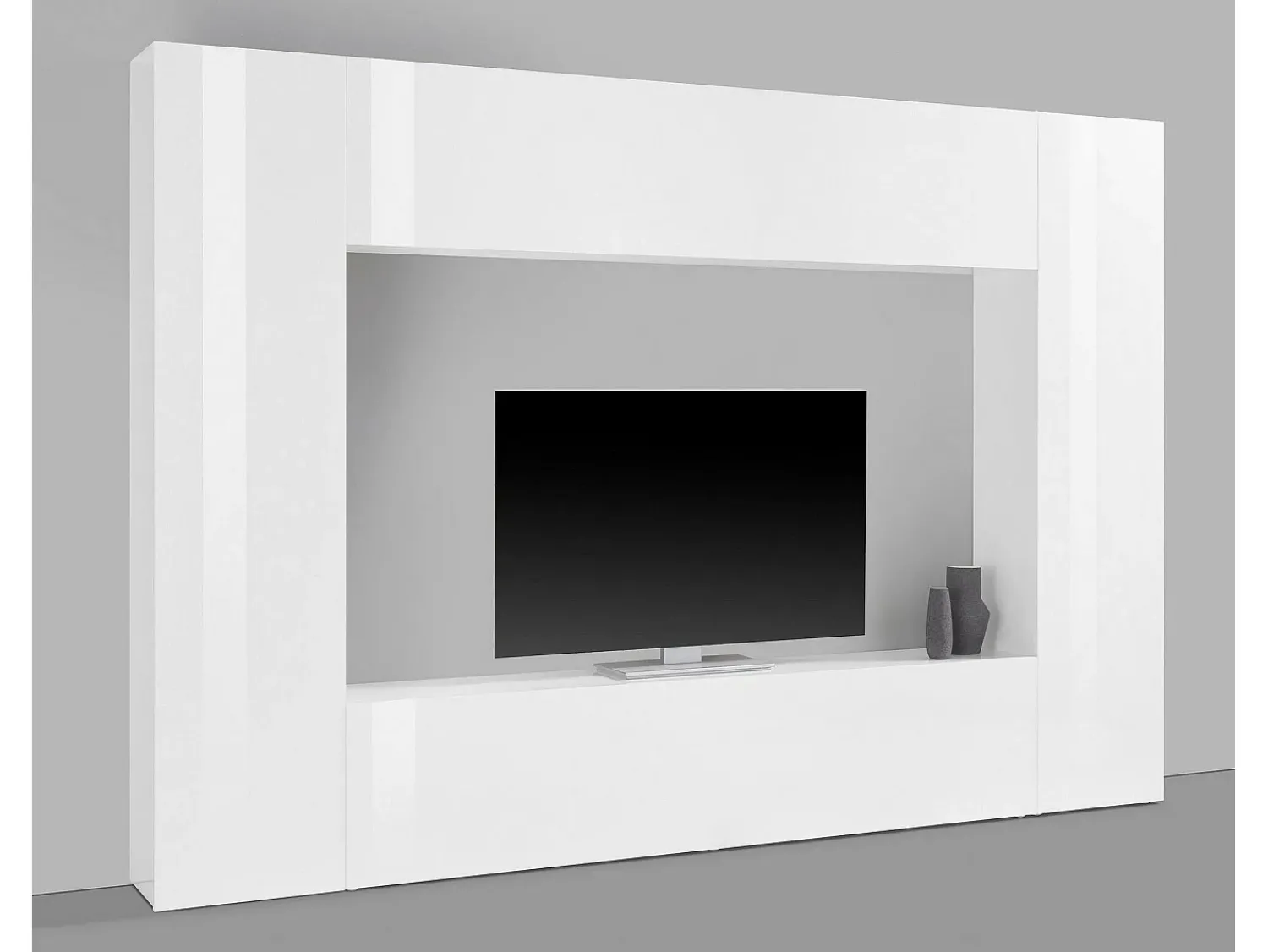 New Dmora Sistema de parede Dgirm, conjunto de sala de TV com 4 portas, móveis de sala multiuso, 100% fabricado na Itália, 260x30h180 cm, branco brilhante Marfim