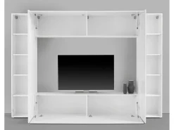 New Dmora Sistema de parede Dgirm, conjunto de sala de TV com 4 portas, móveis de sala multiuso, 100% fabricado na Itália, 260x30h180 cm, branco brilhante Marfim