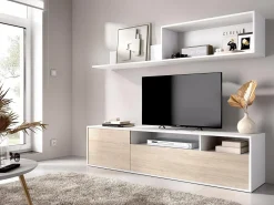 Outlet Dmora Sistema de parede Dgriffi, Composição da sala, Mobiliário multiusos para sala, Móvel TV, 180x35 h44 cm, e Carvalho Branco