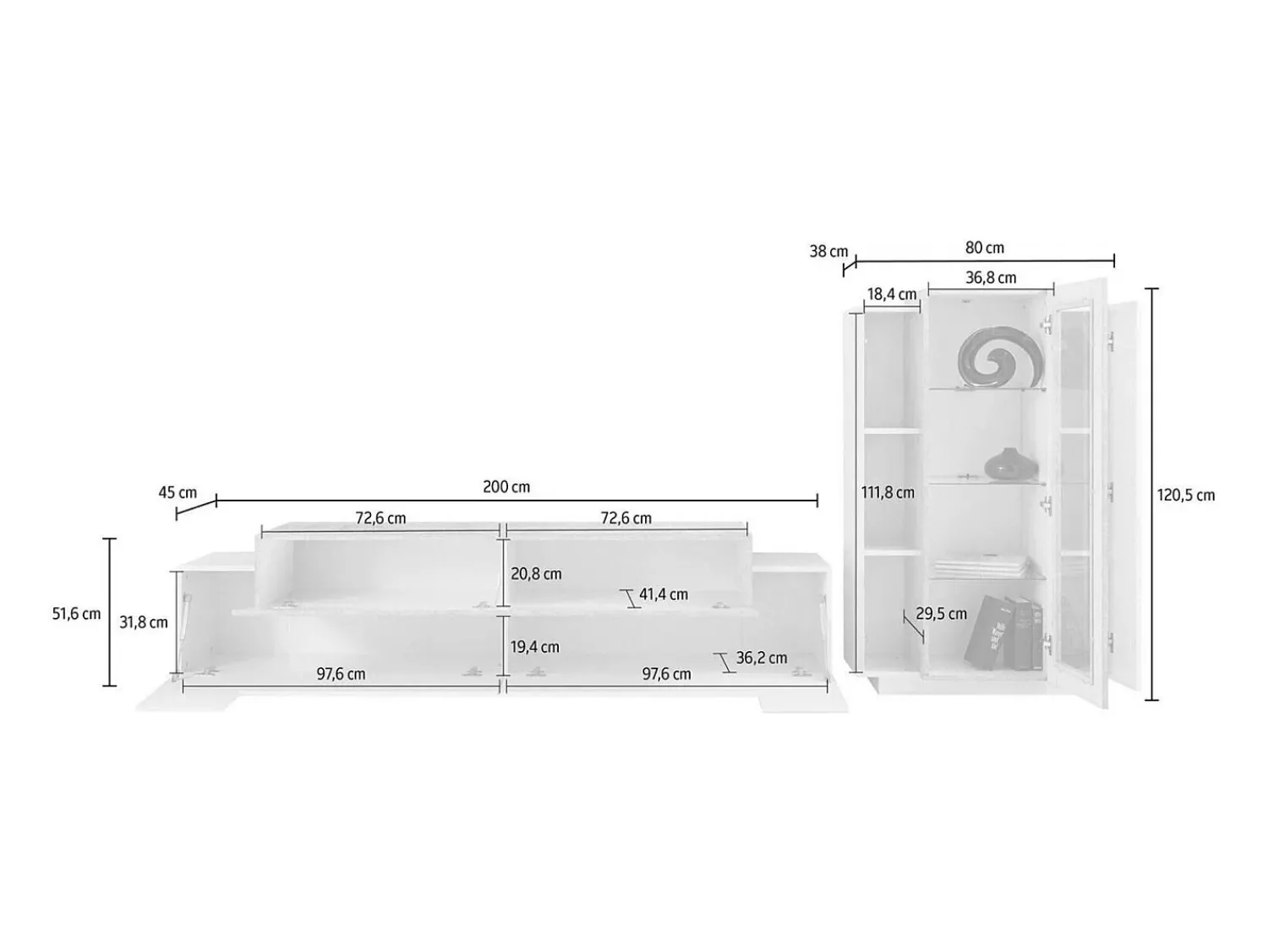 Móvel De Tv*Dmora Sistema de parede Djazir, conjunto de sala de TV, móveis de sala multiuso, 100% fabricado na Itália, 280x45h121 cm, brilhante e concreto Branco