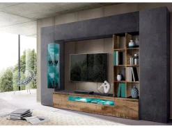 Online Dmora Sistema de parede Dlazzar, móvel de sala de TV, móveis de sala multiuso com luz LED, 100% Fabricado na Itália, 290x40h192 cm, Ardósia e Bordo Cinza antracite