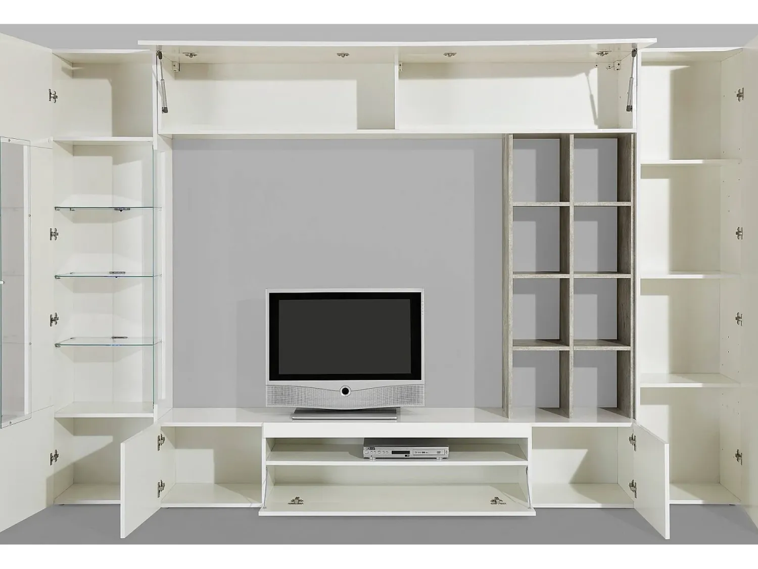Online Dmora Sistema de parede Dlazzar, móvel de sala de TV, móveis de sala multiuso com luz LED, 100% Fabricado na Itália, 290x40h192 cm, Ardósia e Bordo Cinza antracite